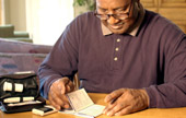 Man with diabetes kit Man with diabetes kit