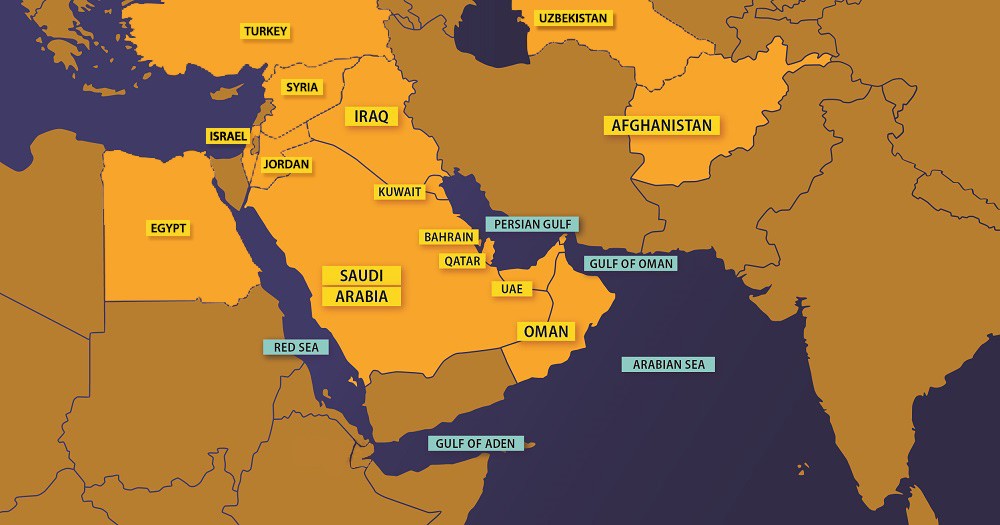 Southwest Asia theatre of military operations: Iraq, Kuwait, Saudi Arabia, Bahrain, Qatar, U.A.E., Oman, Gulf of Aden, Gulf of Oman, Persian Gulf, Red Sea, Arabian Sea