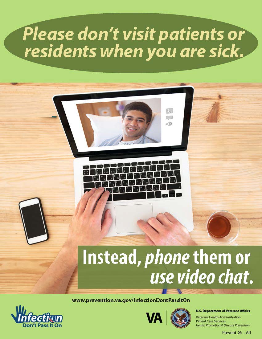 Hands typing on laptop. Text - Please don't visit patients or residents when you are sick
