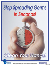 Hand holding a stopwatch. Text - Stop spreading germs in seconds, clean your hands Hand holding a stopwatch. Text - Stop spreading germs in seconds, clean your hands