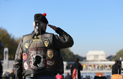 Veteran saluting in front of the WWII memorial in Washington D.C.