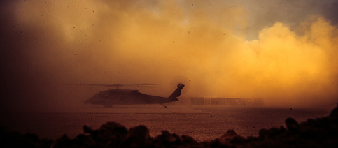 Parked helicopter in a sandstorm