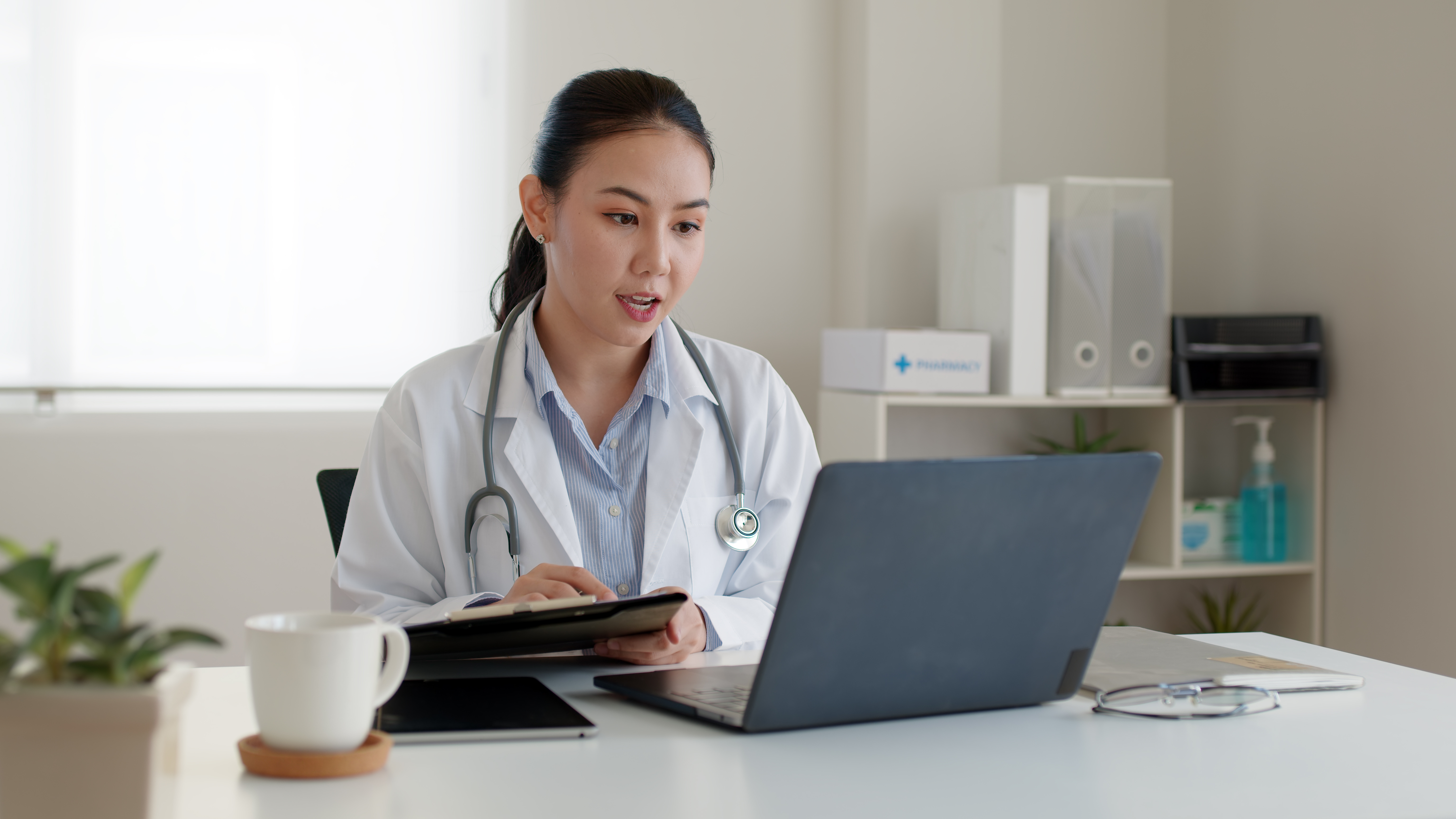 health care provider talking on computer